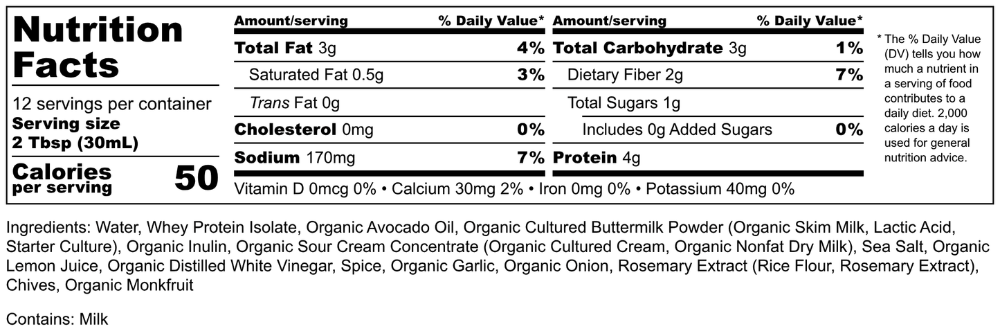 Nutrition facts label for a product with detailed information on calories, macronutrients, and ingredients.