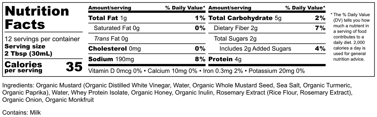 Nutrition facts label for a Honey Mustard with serving size, calories, and ingredient list.