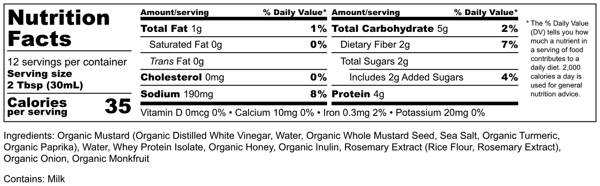Nutrition facts label for a Honey Mustard with serving size, calories, and ingredient list.