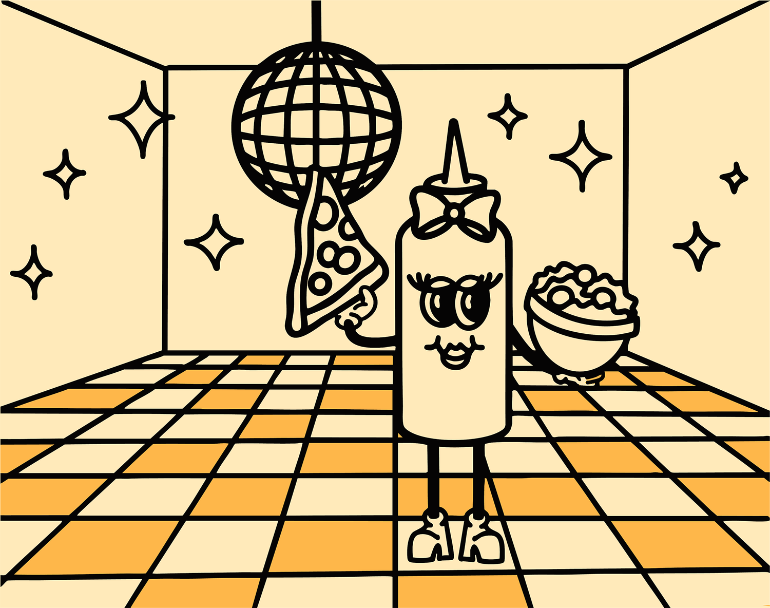 Creamy Ranch Goddess Cartoon condiment bottle with a face on a tiled floor with disco ball and snacks.