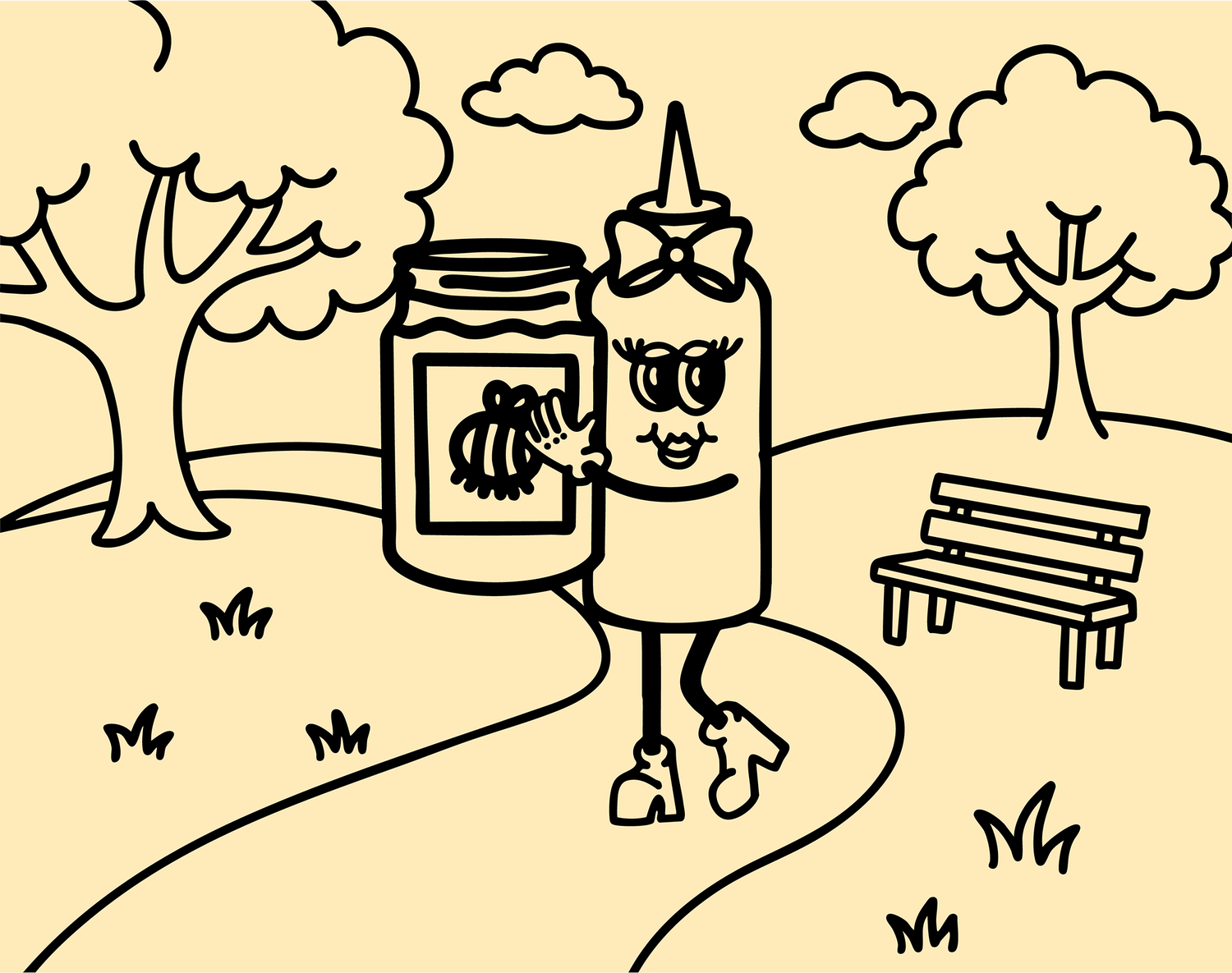 Honey Mustard Queen Bee Cartoon character with a jar of honey in a park setting
